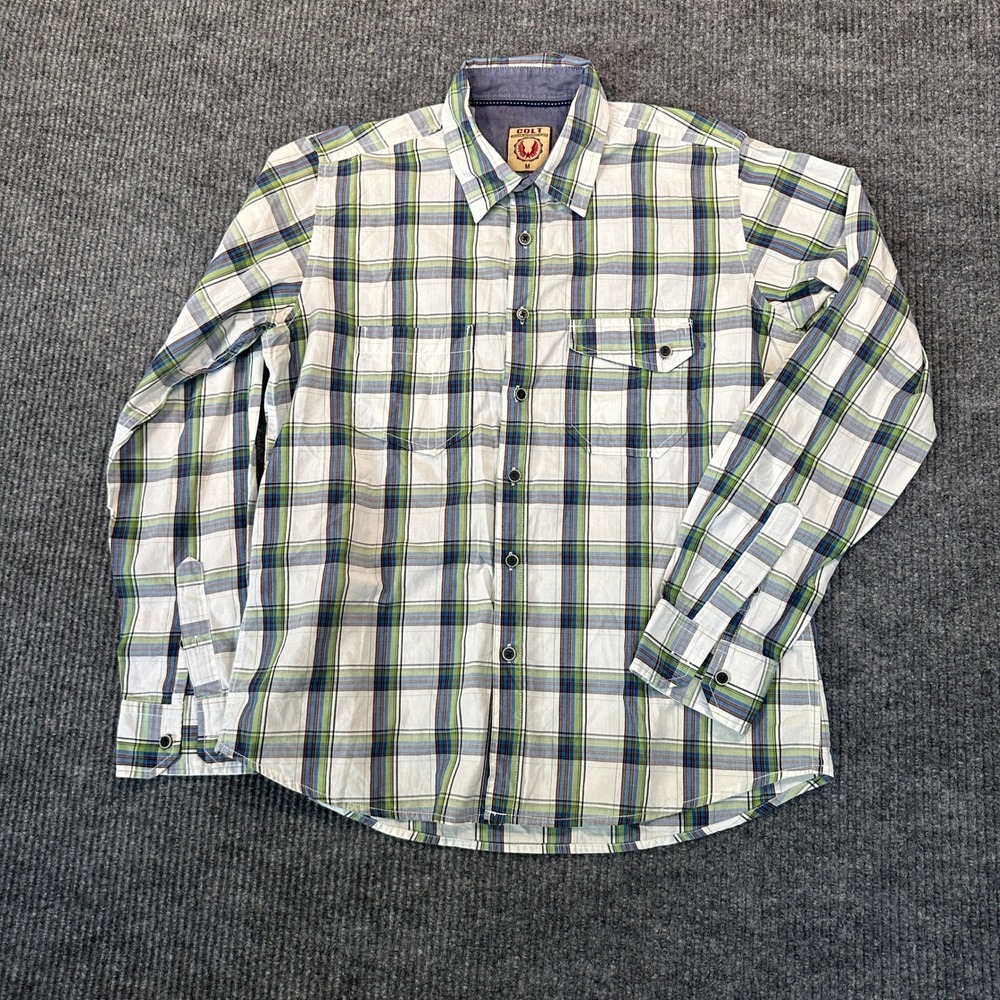 Colt Street Denim Button Down Shirt Medium White Green Plaid Long Sleeve Cotton
